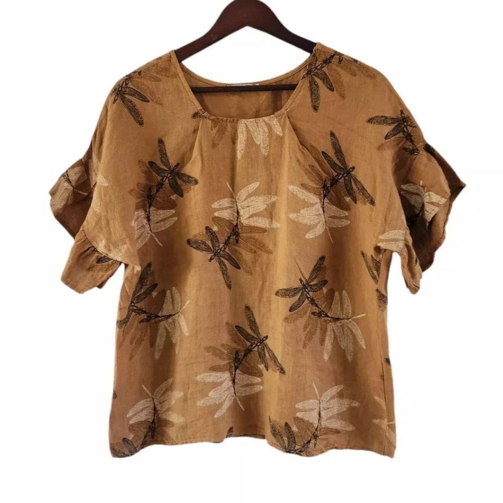Elena Baldi Italy Linen Dragonfly Hand Paint Tan Beige Blouse Top Short Sleeve S